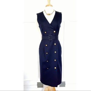 BROOKS BROTHERS navy blue double-breasted button down sleeveless wool midi dress